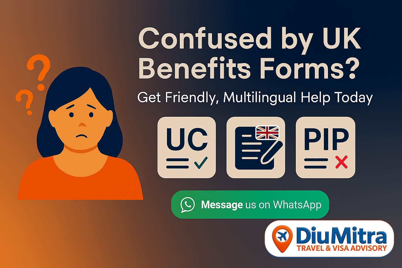 DiuMitra advisor helping a UK resident navigate and complete complex Universal Credit and PIP benefit forms with multilingual support.