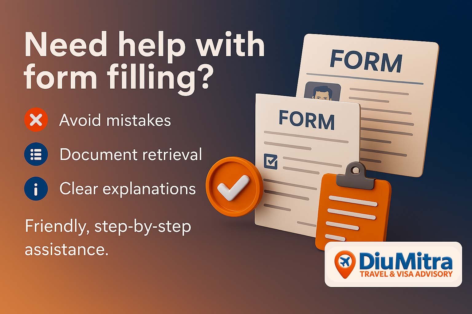 Client receiving form filling assistance from DiuMitra’s advisory team for UK–India travel and documentation