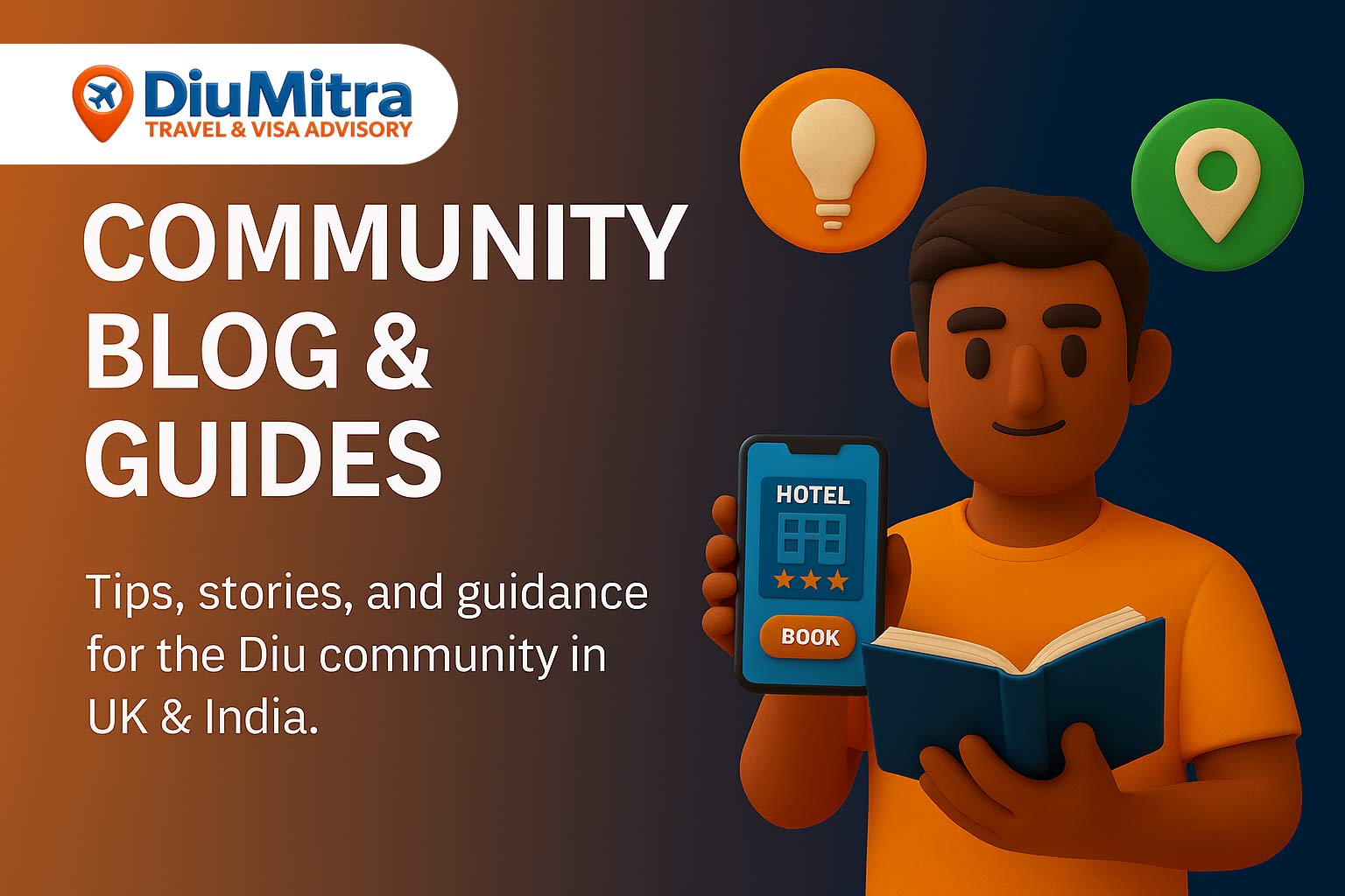 Illustration of a young man reading a book with floating icons for ideas and location, promoting blog and guide content for the Diu community.