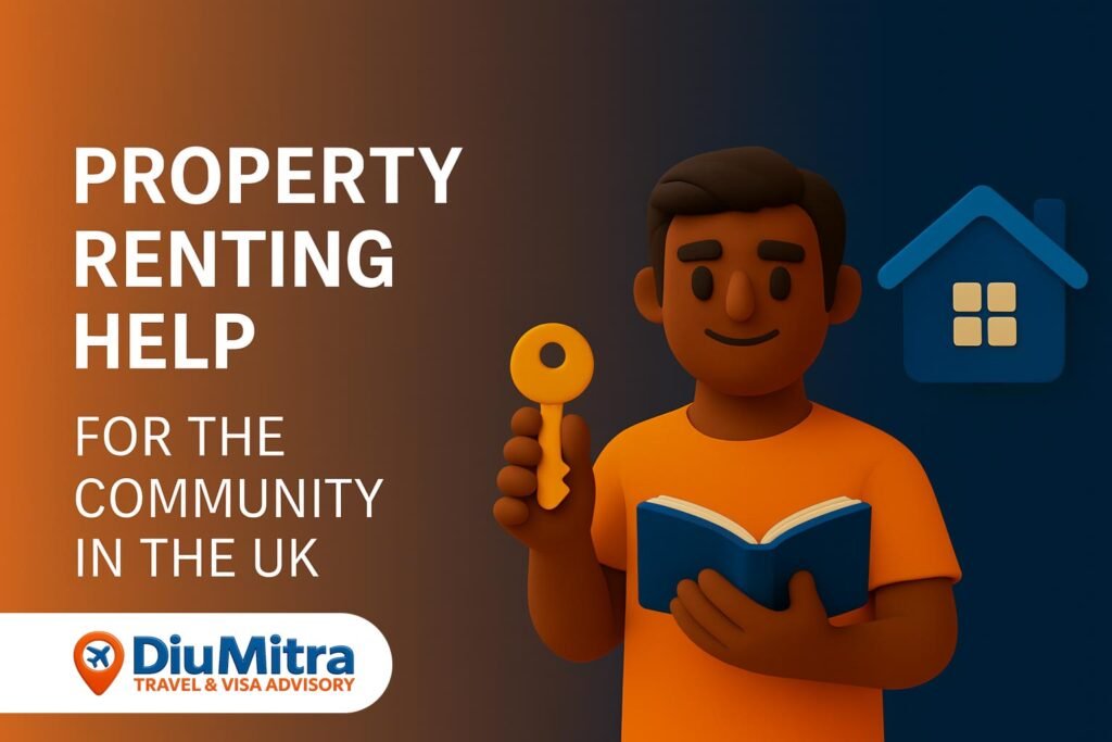 Illustration of a smiling South Asian man holding a house key with a floating house icon, promoting property renting help for the community in the UK.