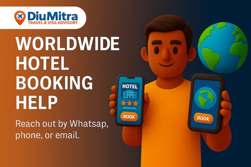 Illustration of a smiling traveler holding two smartphones showing hotel booking options, with a globe in the background.