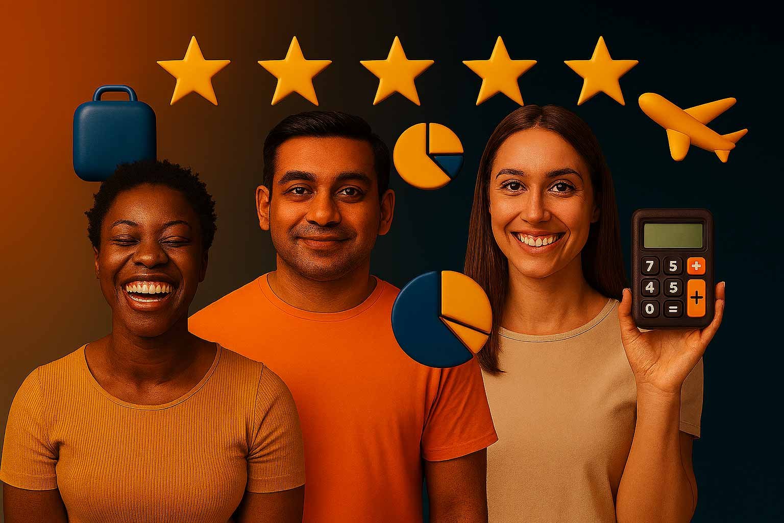 Three diverse individuals smiling against a warm gradient background with floating travel icons and five golden stars above them, representing positive client reviews for DiuMitra Travel & Visa Advisory.
