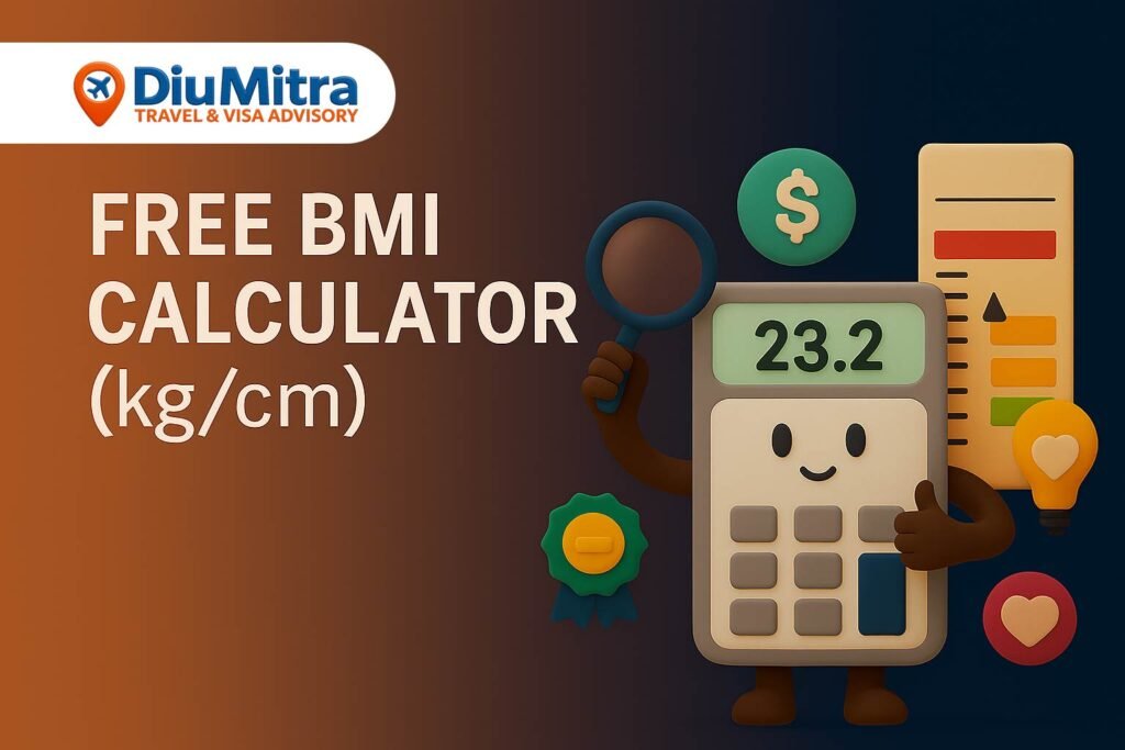 Illustration of a smiling BMI scale character with a health ribbon and BMI chart, promoting a free BMI calculator using metric units.