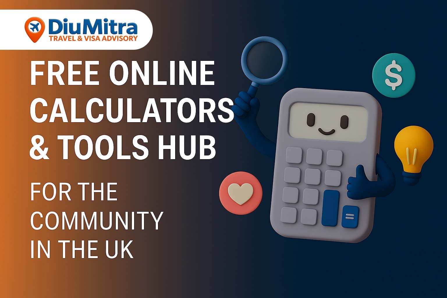 Illustration of a smiling calculator character with floating icons for finance, health, and ideas, promoting free online tools built by the Diu community.