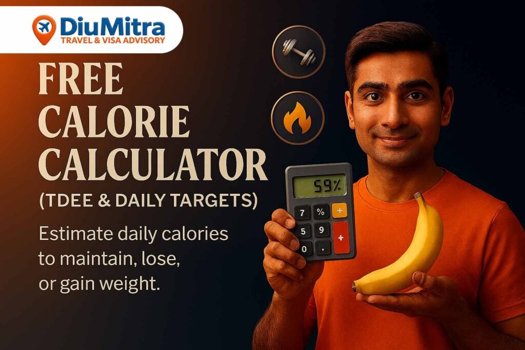 Cinematic 3D illustration of a man holding a banana, with floating icons for activity and calorie burn, promoting a free calorie calculator.