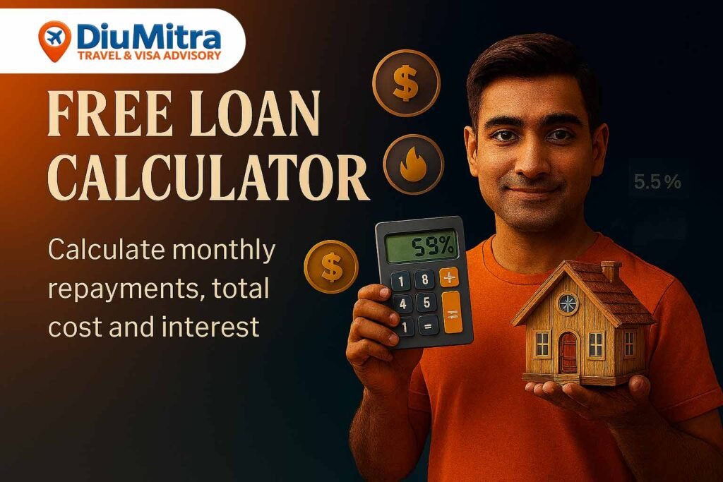 Cinematic 3D illustration of a man holding a calculator and house model, with floating icons for loan amount and APR, promoting a free loan calculator.
