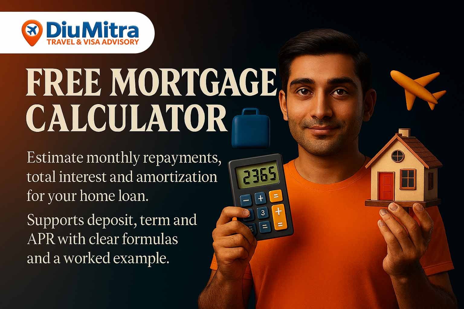 Cinematic 3D illustration of a man holding a calculator and house model, promoting a free mortgage calculator with elegant text and financial icons.