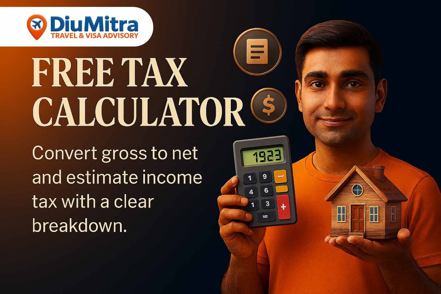 Cinematic 3D illustration of a man holding a calculator, with floating icons for tax documents and income, promoting a free tax calculator.