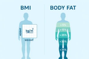 Infographic comparing BMI and body fat percentage with two human silhouettes and calculation zones