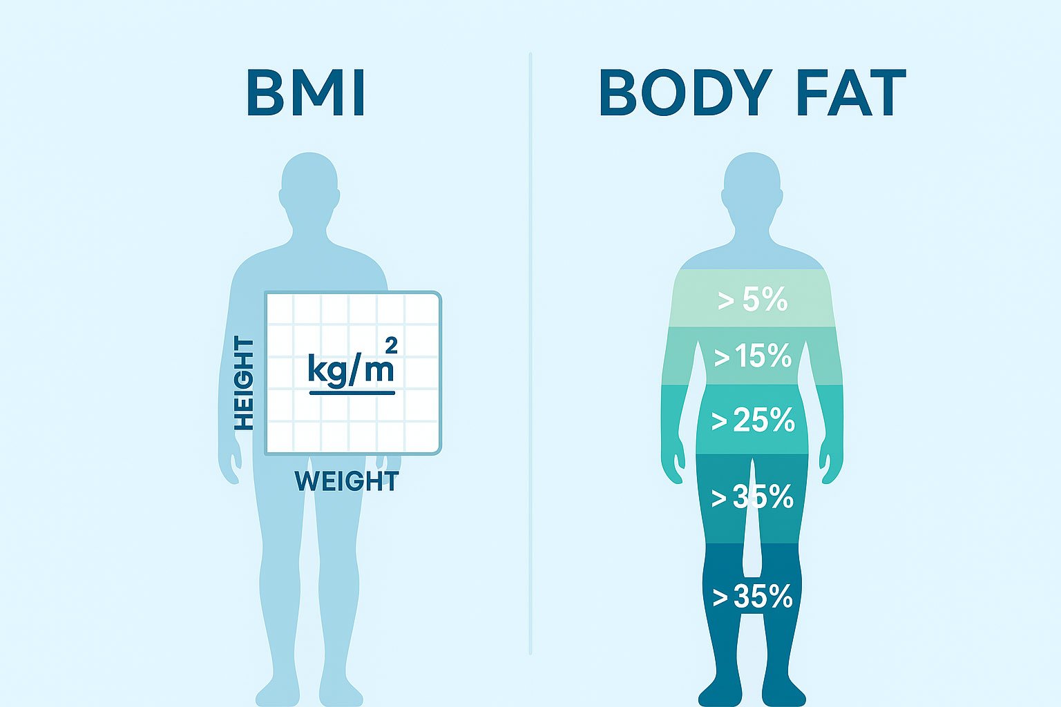 Infographic comparing BMI and body fat percentage with two human silhouettes and calculation zones