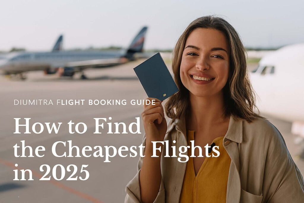 Smiling traveler holding passport at airport with airplanes in background. Text overlay reads: “How to Find the Cheapest Flights in 2025	
