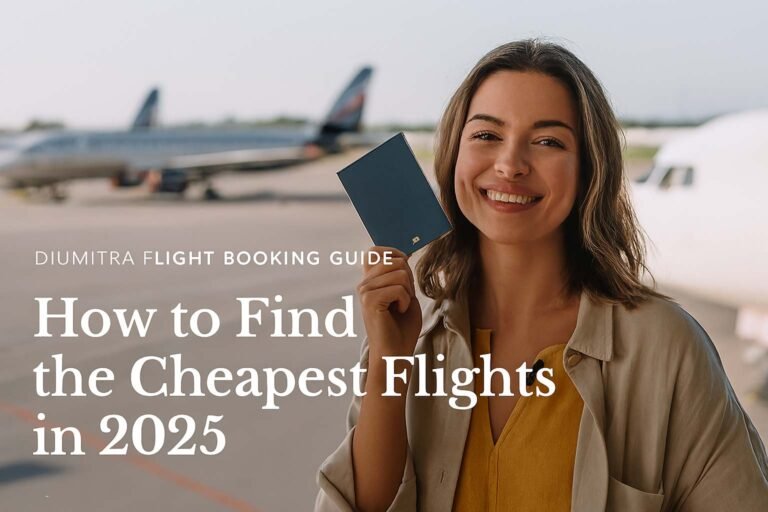 Smiling traveler holding passport at airport with airplanes in background. Text overlay reads: “How to Find the Cheapest Flights in 2025