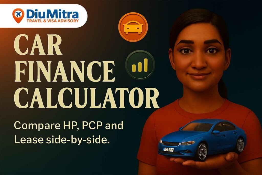 Cinematic 3D illustration of a South Asian man holding a red car model, with floating icons for car and finance comparison, promoting a car finance calculator.