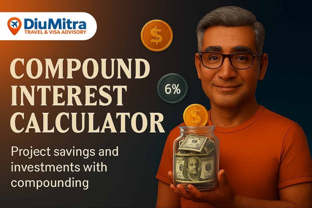 Cinematic 3D illustration of a man holding a glass jar filled with dollar bills and a gold coin, with floating icons for interest rate and investment value, promoting a compound interest calculator.