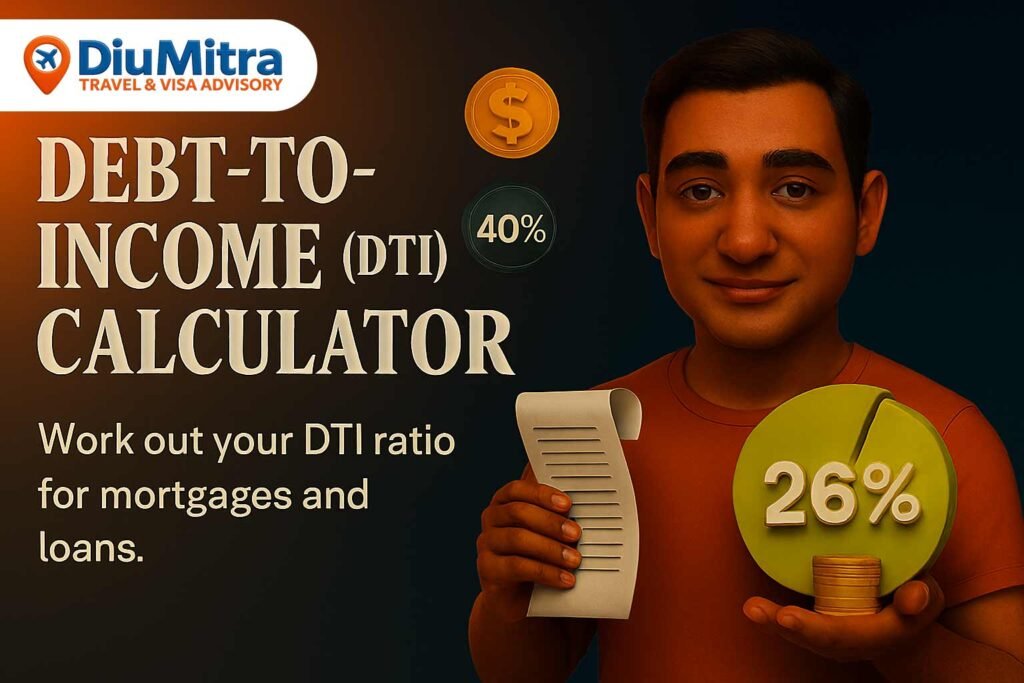Cinematic 3D illustration of a man holding a lime-green pie chart and a rolled-up financial document, with floating icons for DTI percentage and dollar value, promoting a debt-to-income calculator.