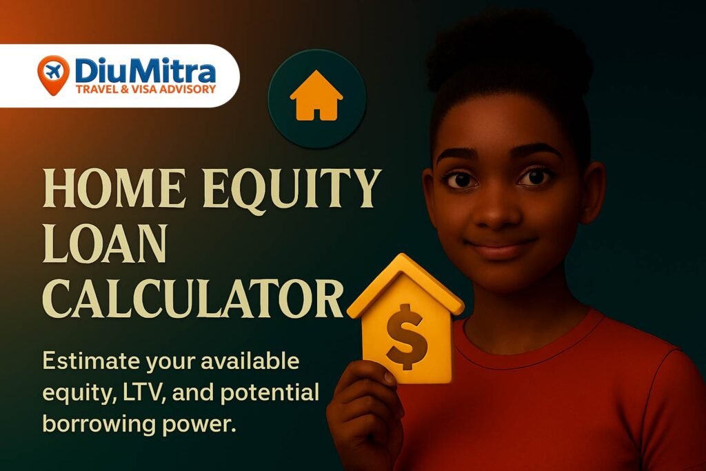 Cinematic 3D illustration of a woman holding a golden house key, with floating house icon and gradient background, promoting a home equity loan calculator.