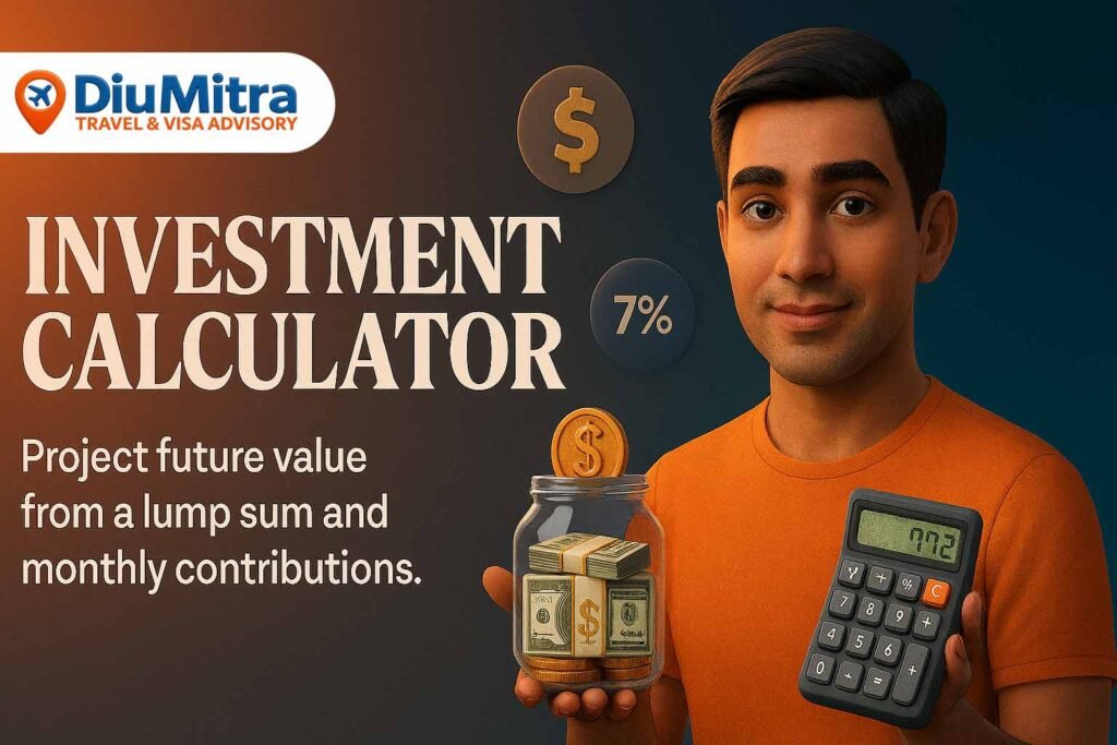 Cinematic 3D illustration of a man holding a glass jar filled with dollar bills and a gold coin, with floating icons for investment amount and return rate, promoting an investment calculator.
