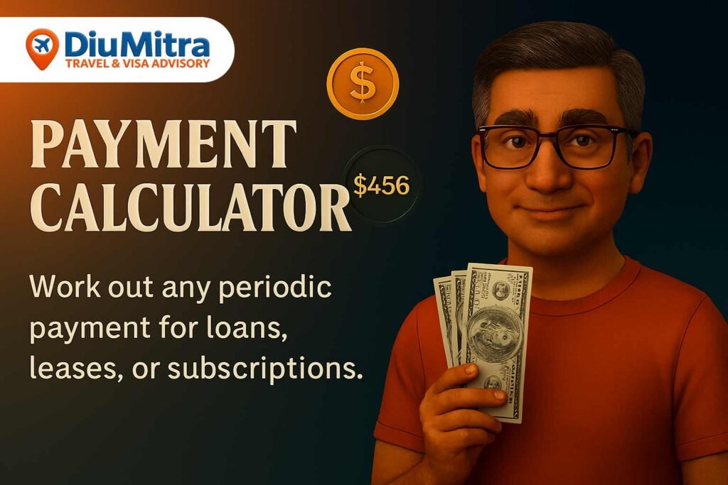 Cinematic 3D illustration of a middle-aged man holding three $100 bills, with floating icons for dollar value and payment amount, promoting a payment calculator.
