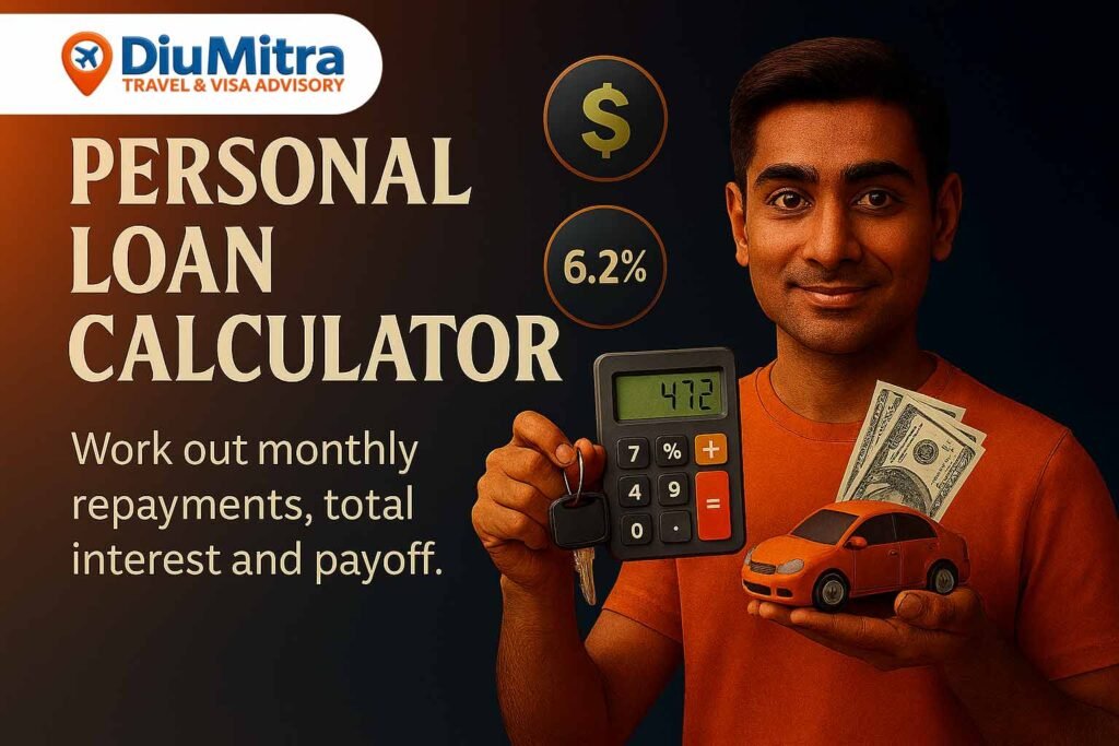 Cinematic 3D illustration of a South Asian man holding a calculator and a stack of dollar bills, with floating icons for loan amount and APR, promoting a personal loan calculator.
