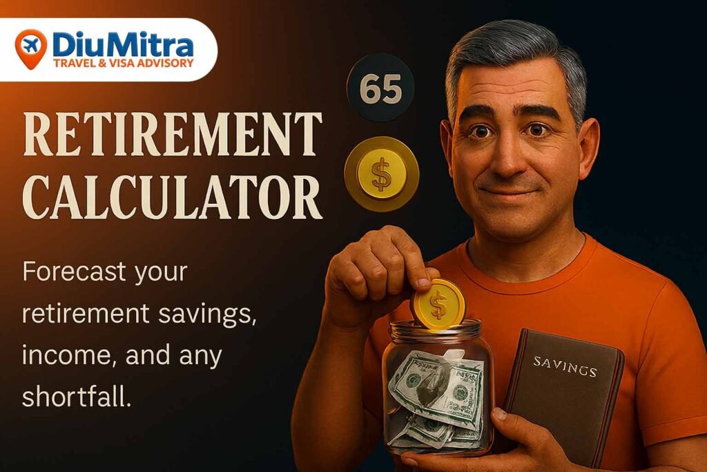 Cinematic 3D illustration of a middle-aged South Asian man holding a glass jar filled with dollar bills and a purple passport, with floating icons for age and dollar value, promoting a retirement calculator.