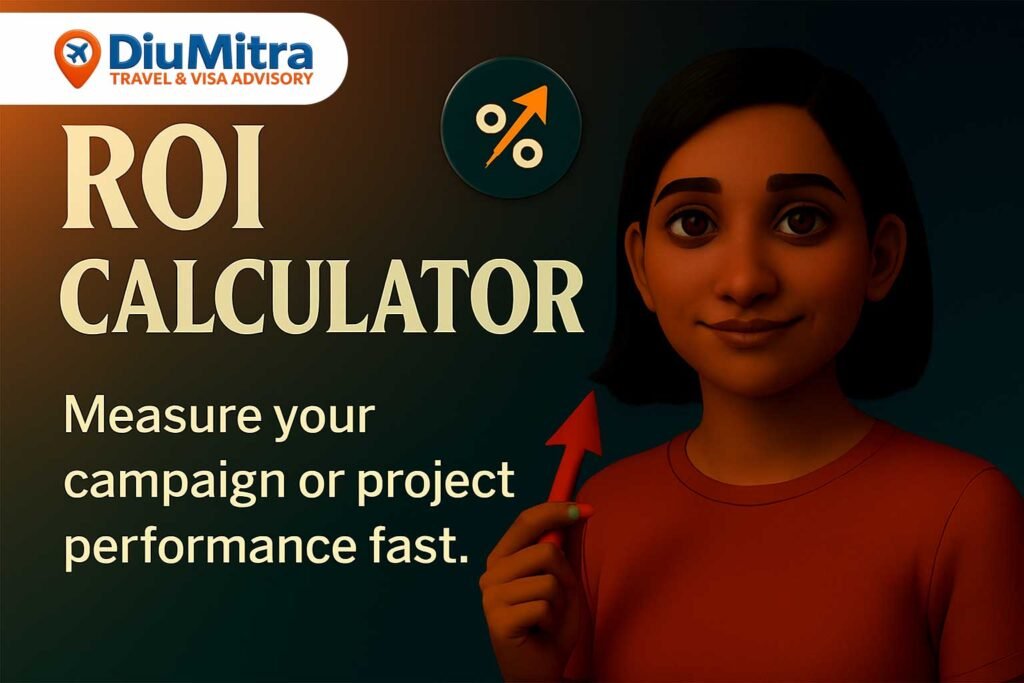 Cinematic 3D illustration of a woman holding a red arrow, with floating ROI icon, promoting an ROI calculator.