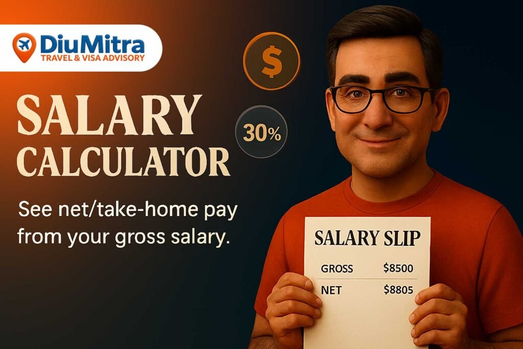 Cinematic 3D illustration of a South Asian man holding a pay slip and golden coins, with floating icons for salary percentage and dollar value, promoting a salary calculator.