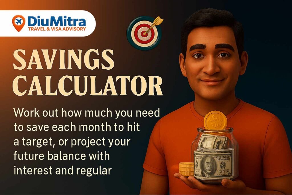 Cinematic 3D illustration of a South Asian man holding a blue piggy bank and golden coins, with a floating archery target icon, promoting a savings calculator.