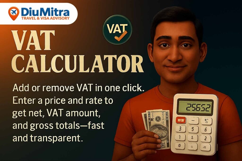 Cinematic 3D illustration of a man holding a calculator displaying “256.52”, with a floating VAT icon and gradient background, promoting a VAT calculator.
