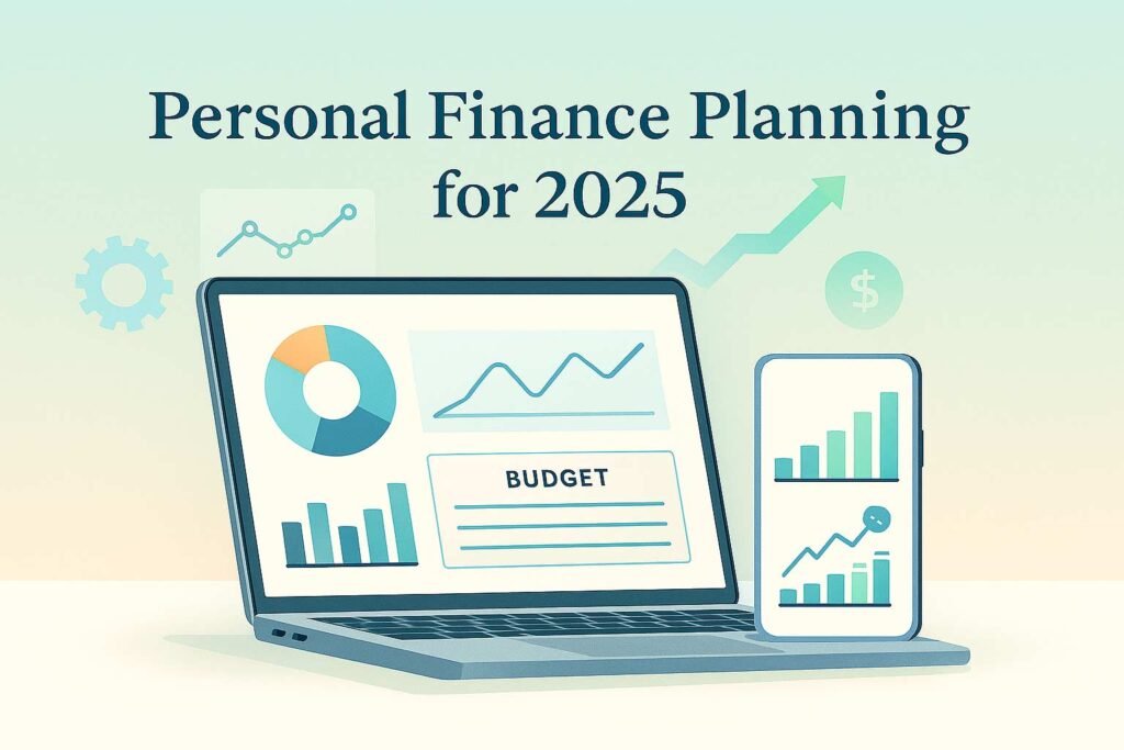 
Flat-style illustration of financial planning in 2025 with charts, graphs, and budgeting tools on a laptop and smartphone.