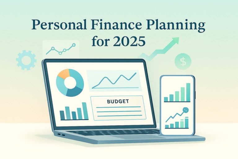 Flat-style illustration of financial planning in 2025 with charts, graphs, and budgeting tools on a laptop and smartphone.