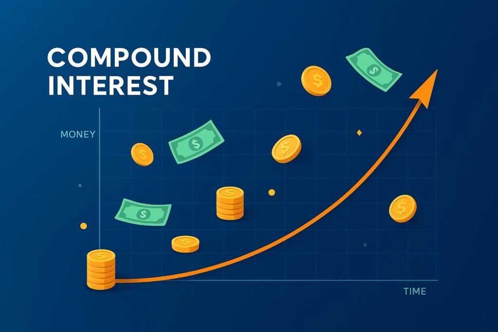 Compound interest growth chart with coins and banknotes, digital 2025 financial infographic