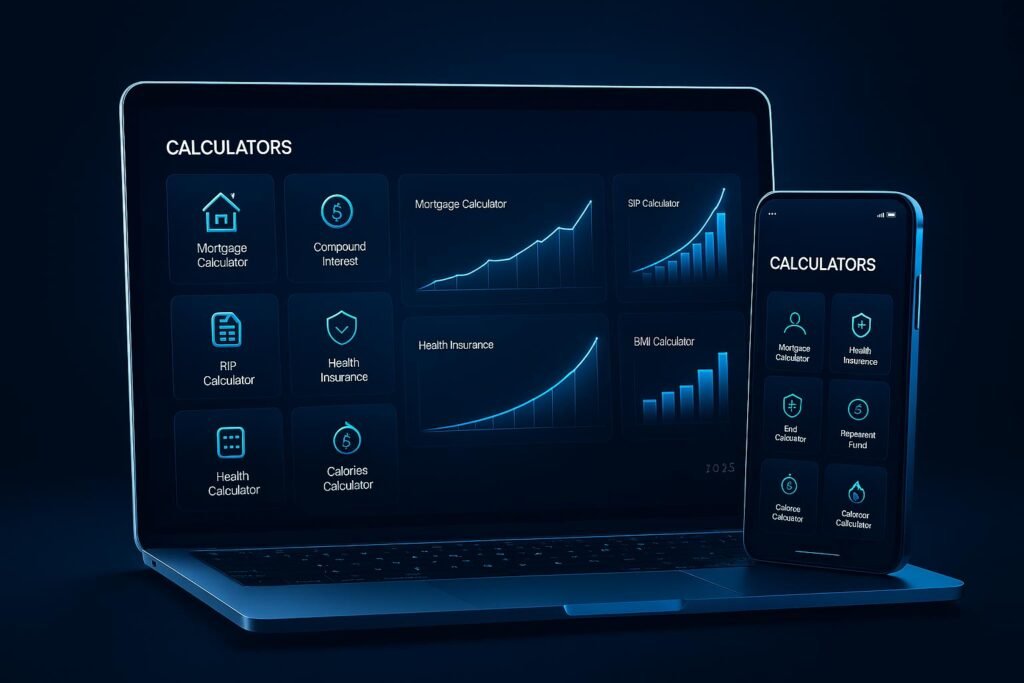 Modern digital dashboard with free financial and health calculators for 2025