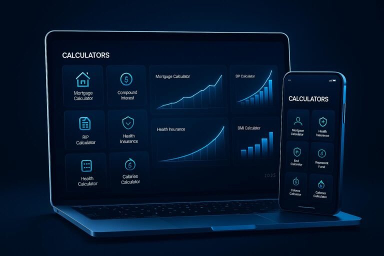 Modern digital dashboard with free financial and health calculators for 2025
