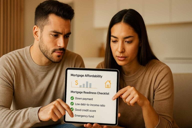 Young couple reviewing a digital mortgage readiness checklist in a modern home, highlighting affordability planning for 2025.