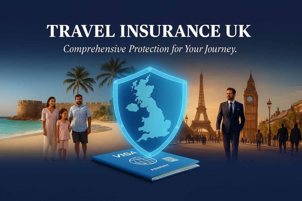 South Asian family on a tropical beach and a businessman near European landmarks, symbolizing comprehensive UK travel insurance.