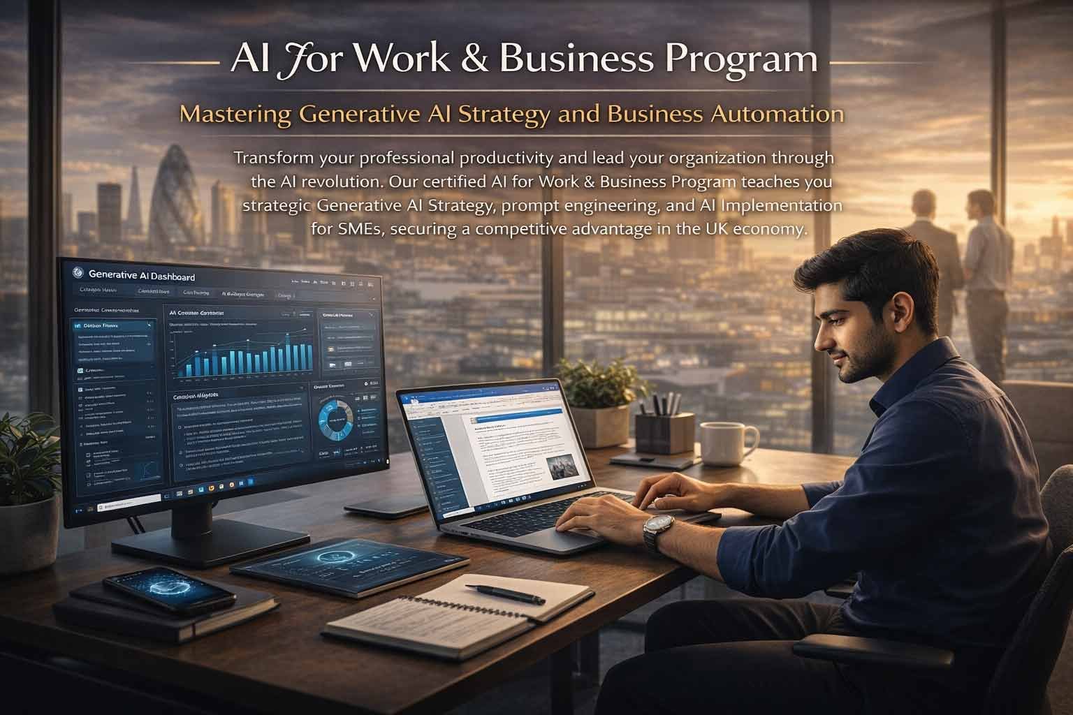 A focused male professional working on an AI dashboard and a laptop, with a backdrop of a modern city skyline (London), promoting a Generative AI Strategy and Business Automation program.