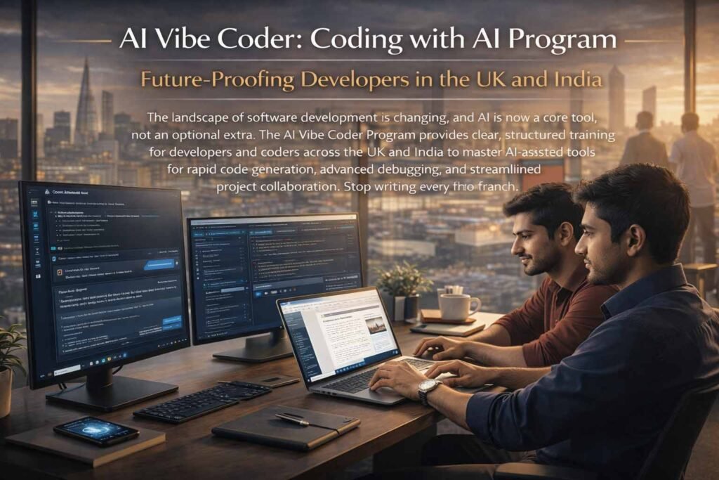 Two male software developers collaborating on a code review and project on two large monitors, focusing on AI-assisted tools for rapid code generation, promoting the AI Vibe Coder program.