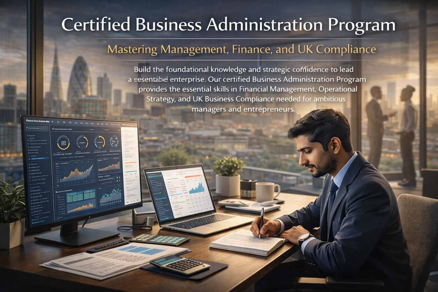 A focused male business professional in a suit writing notes at a desk with financial charts on his computer, with the London skyline (The Gherkin) in the background, promoting a Business Administration program.