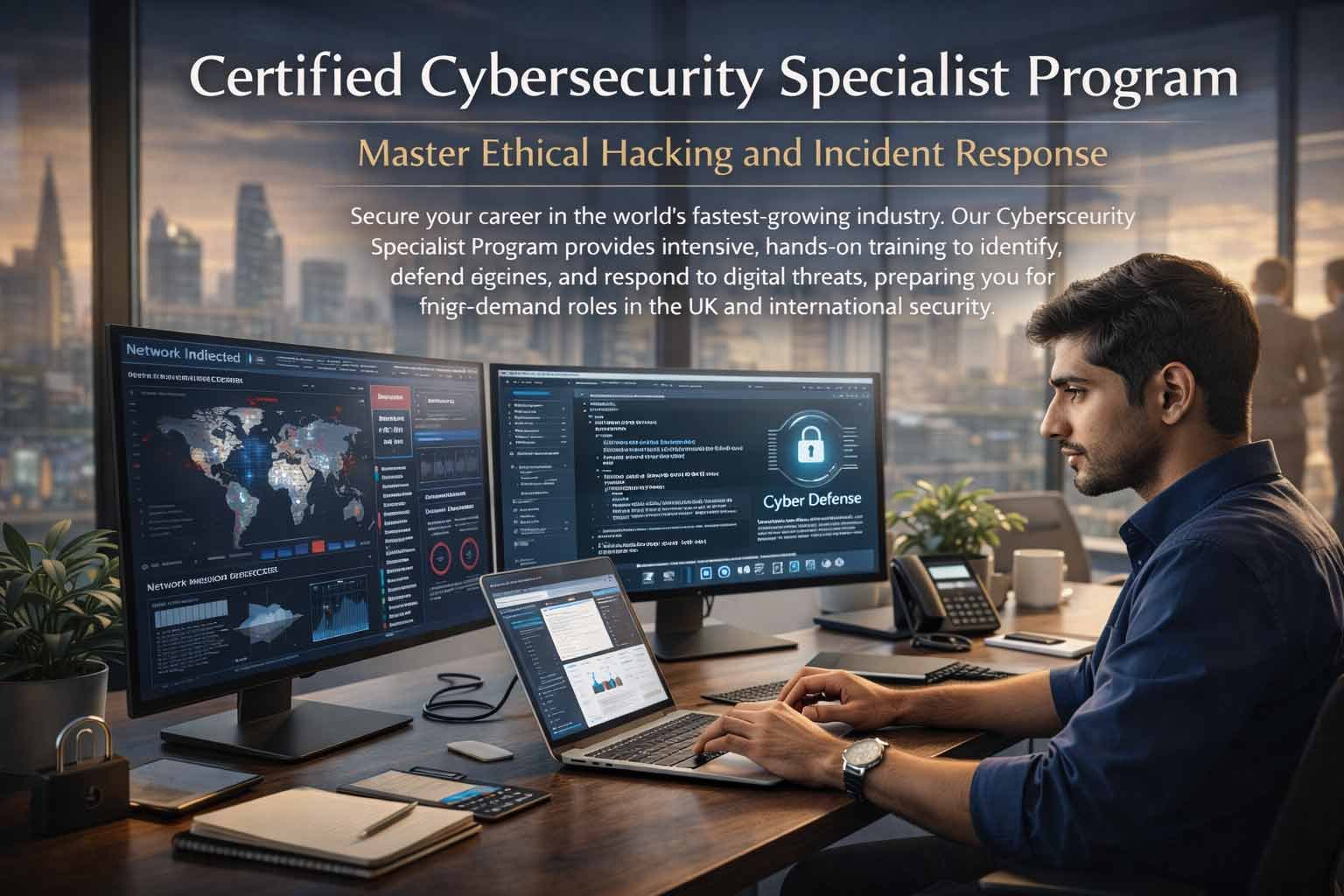 A focused male cybersecurity specialist working in a high-tech office with multiple monitors displaying network security maps, code, and a 'Cyber Defense' graphic, promoting certified cybersecurity training.