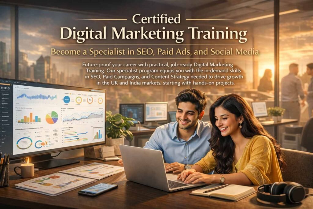 Two smiling colleagues, a man and a woman, working together on a laptop and reviewing data charts on a large monitor in a modern office, promoting certified digital marketing training.