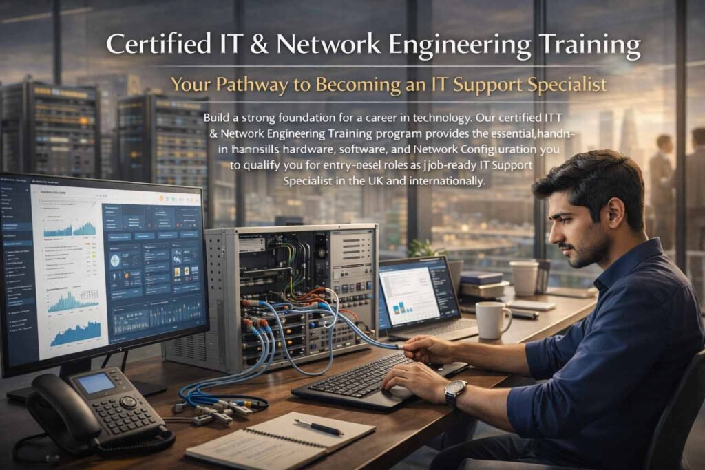 A focused male IT and Network Engineering specialist working on a server rack and a computer, with monitors displaying network configuration and data charts, promoting certified IT support training.