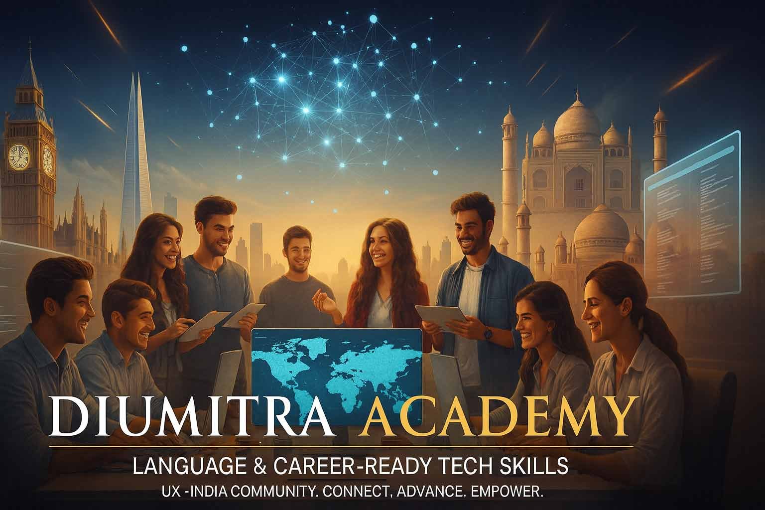 Diverse group of UK-India professionals learning digital skills in a modern, well-lit academy setting. Keywords: DiuMitra, UK-India, Tech Skills, Career Advancement, AI, Language.