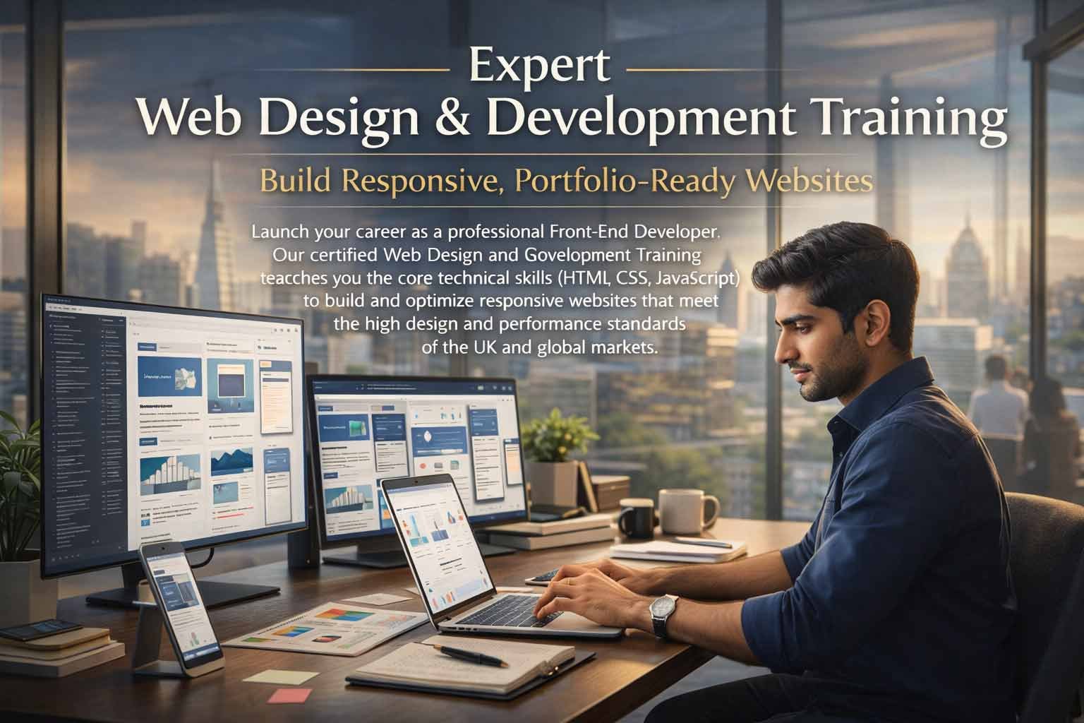 A focused male developer working on a laptop surrounded by multiple screens showing responsive website layouts and code, promoting expert web design and development training.