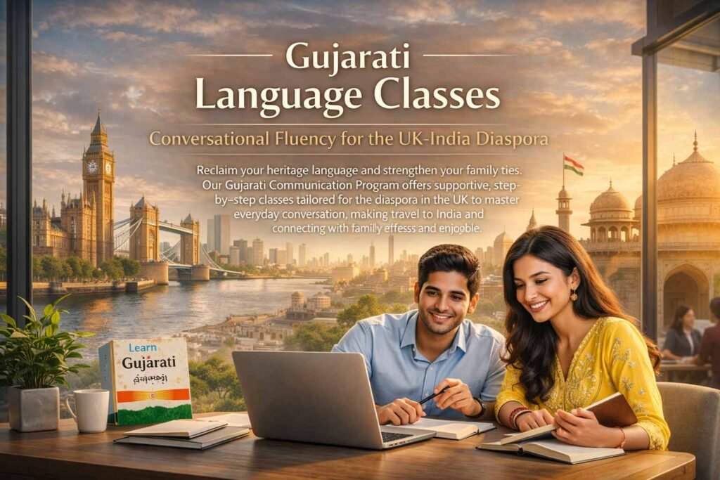 Two young people, a man and a woman, smiling and studying Gujarati on a laptop and books, with a dual backdrop showing the London skyline (Big Ben, Westminster Bridge) and an Indian dome/palace, symbolizing the UK-India diaspora.