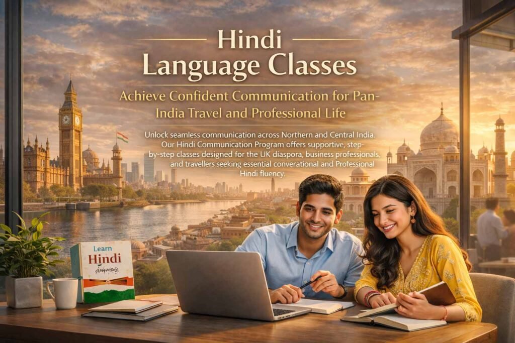 Two smiling students, a man and a woman, studying Hindi on a laptop and books, with a background featuring the London skyline (Big Ben, Westminster Bridge) and an Indian dome/palace, symbolizing the UK-India connection.