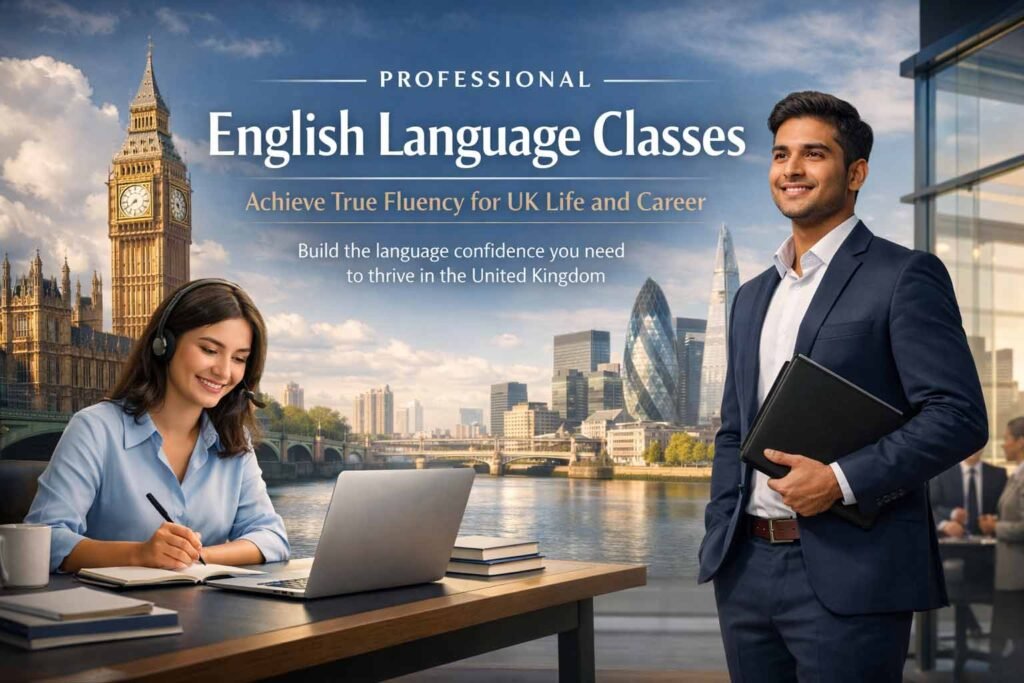 A confident professional man in a suit stands next to a woman wearing a headset and working at a desk, with the London skyline (Big Ben, Gherkin) in the background, promoting professional English language fluency for the UK.