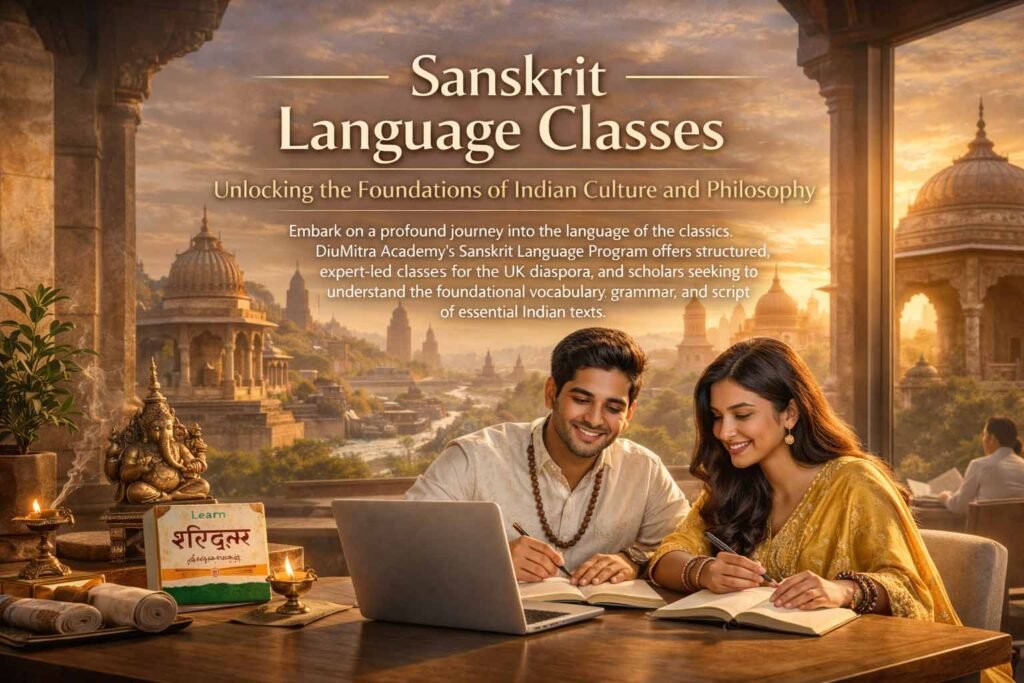Two students, a man and a woman, smiling and writing in notebooks with a laptop open, set in a classical Indian-style study area with a view of an ancient city and temples, promoting Sanskrit classes.