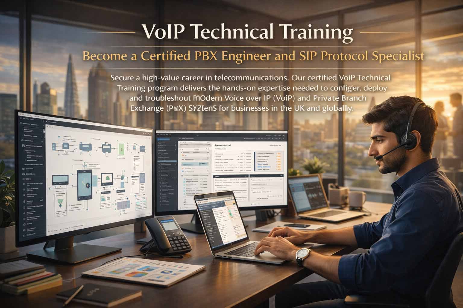 A certified male PBX engineer wearing a headset and working at a desk with multiple monitors displaying technical diagrams and code, promoting VoIP technical training.