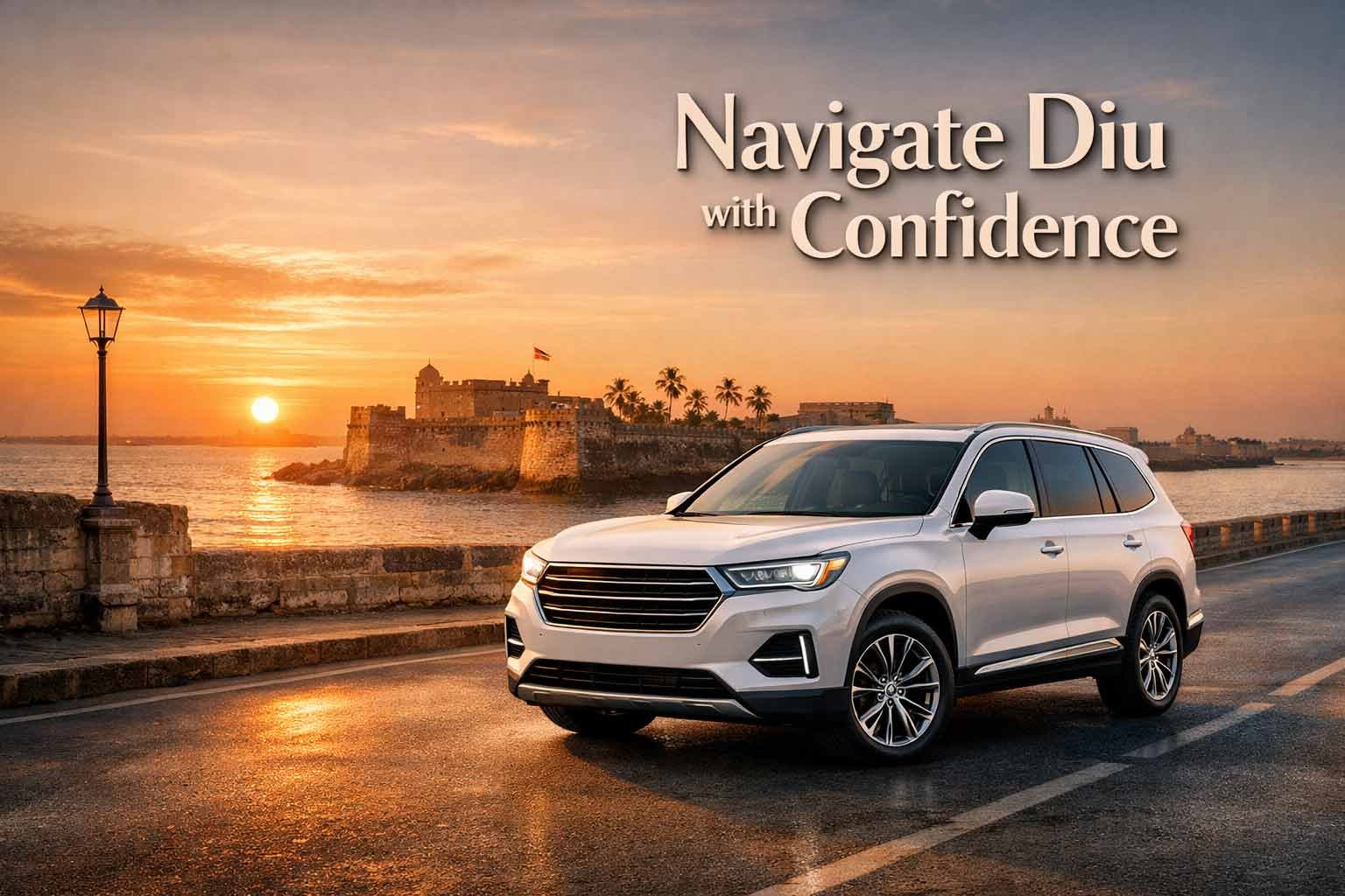 A luxury white SUV parked on the Diu coastal road near Diu Fort at sunset, representing reliable car hire and travel advisory services for the UK-Diu community.