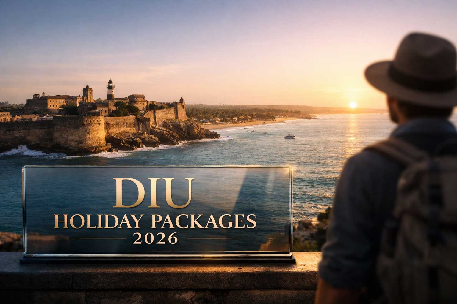 A cinematic 3D view of Diu Fort and Nagoa Beach at sunset, featuring a traveler and a modern glass display with text "Diu Holiday Packages 2026."